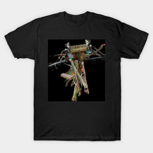 Macro view display of  professional splicing of colorful fiber optic Internet cables on black background T-Shirt